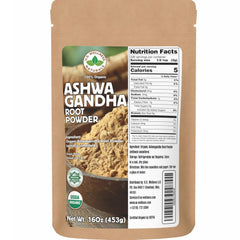 Organic Ashwagandha root powder in a resealable 1 lb bag