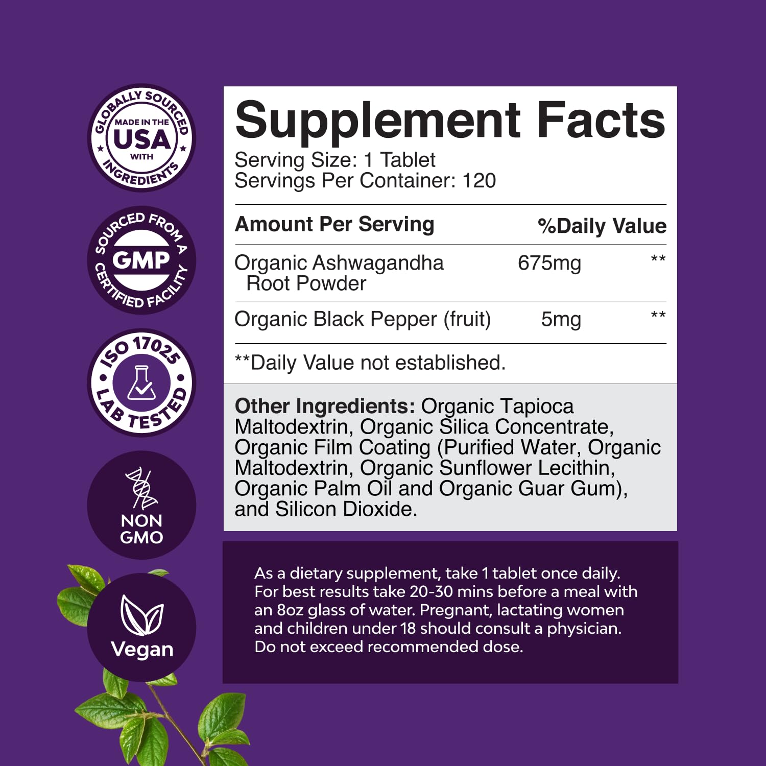 Ashwagandha organic root tablets bottle on white background