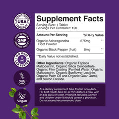 Ashwagandha organic root tablets bottle on white background