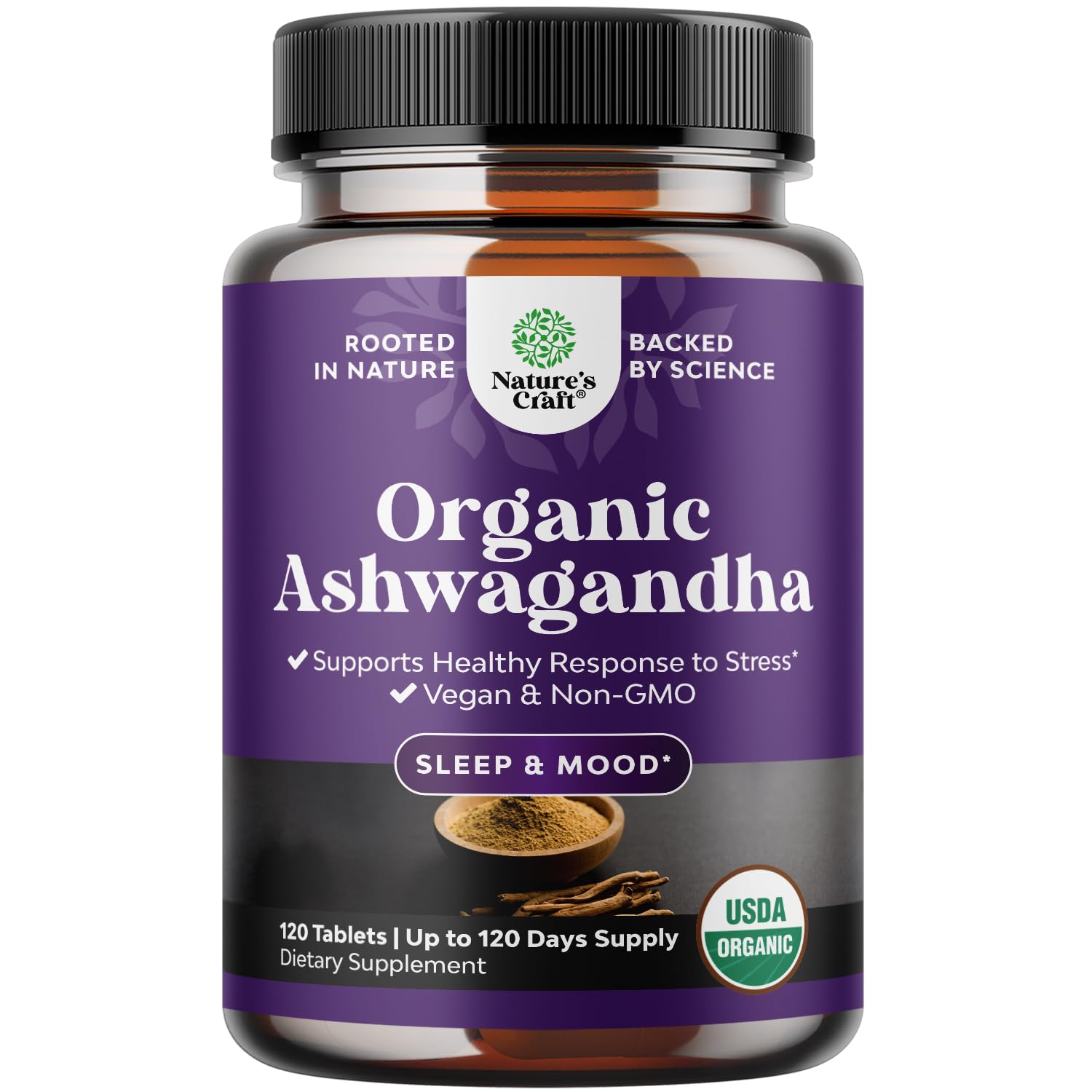 Front view of High Strength Organic Ashwagandha tablets bottle