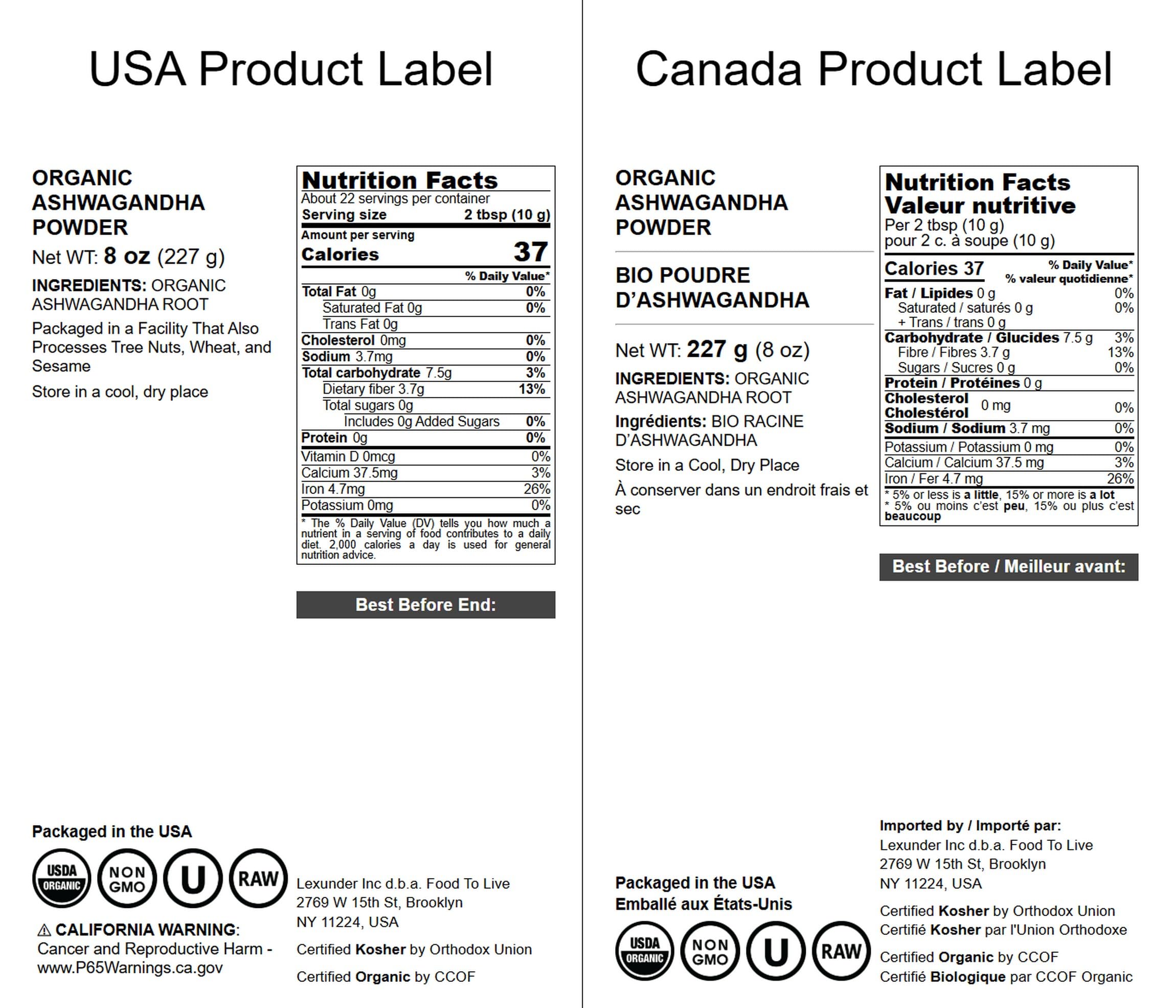 USDA Organic Non-GMO Ashwagandha powder label