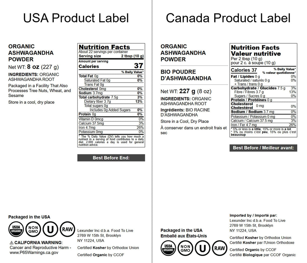 USDA Organic Non-GMO Ashwagandha powder label