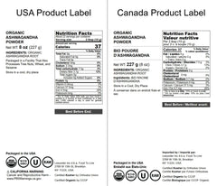 USDA Organic Non-GMO Ashwagandha powder label