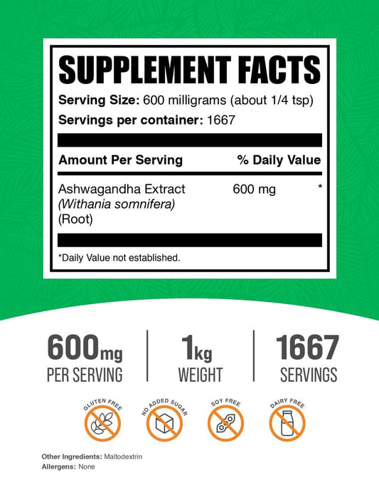 Vegan and gluten-free ashwagandha powder supplement in 1kg packaging