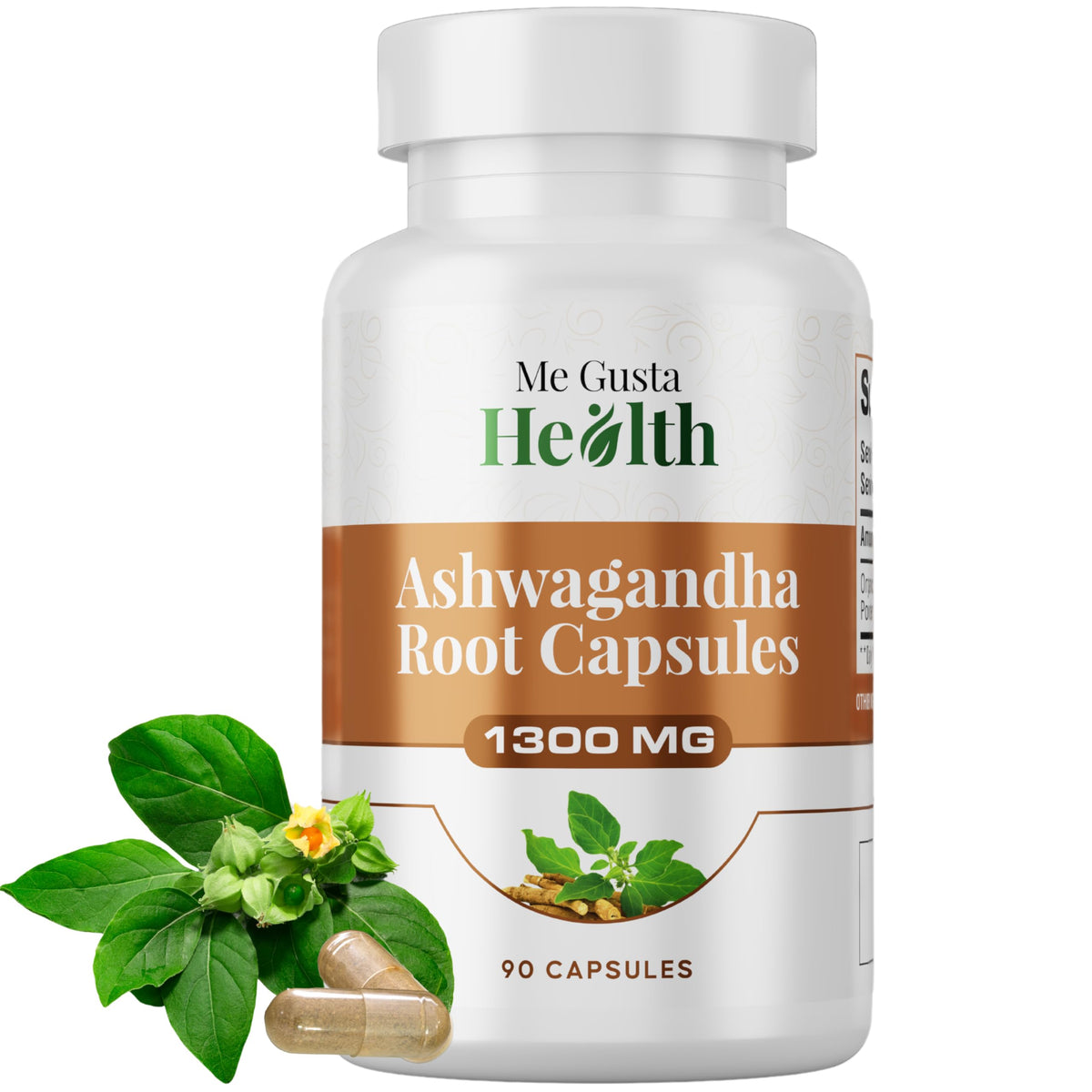 Front view of ME GUSTA HEALTH Ashwagandha Root Powder Capsules bottle (1300mg, 90-count)