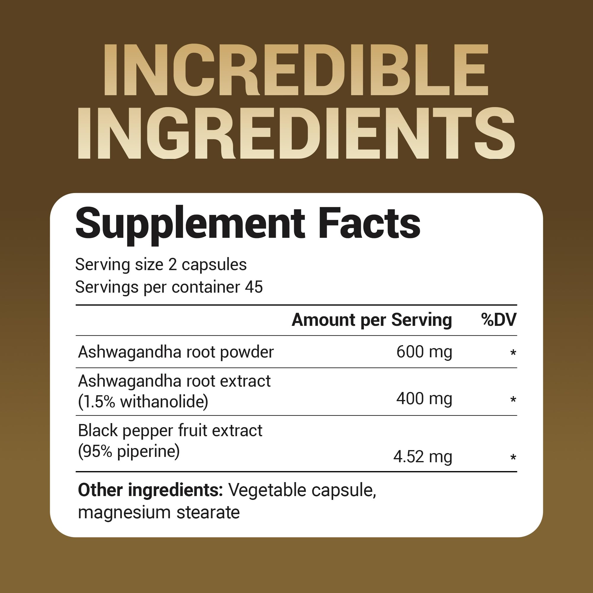 Ashwagandha root powder and extract (600mg powder, 400mg extract)