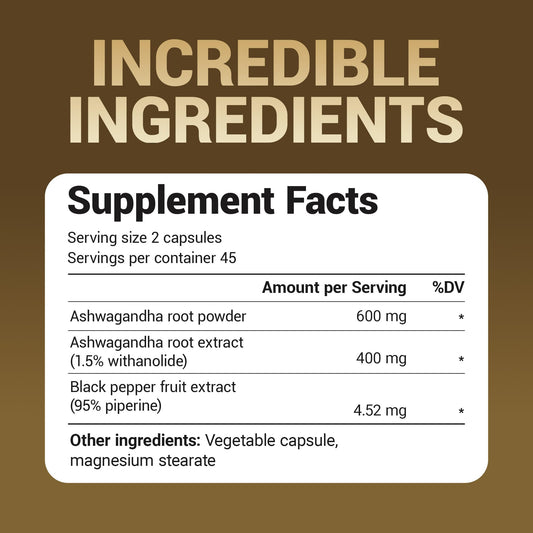 Ashwagandha root powder and extract (600mg powder, 400mg extract)