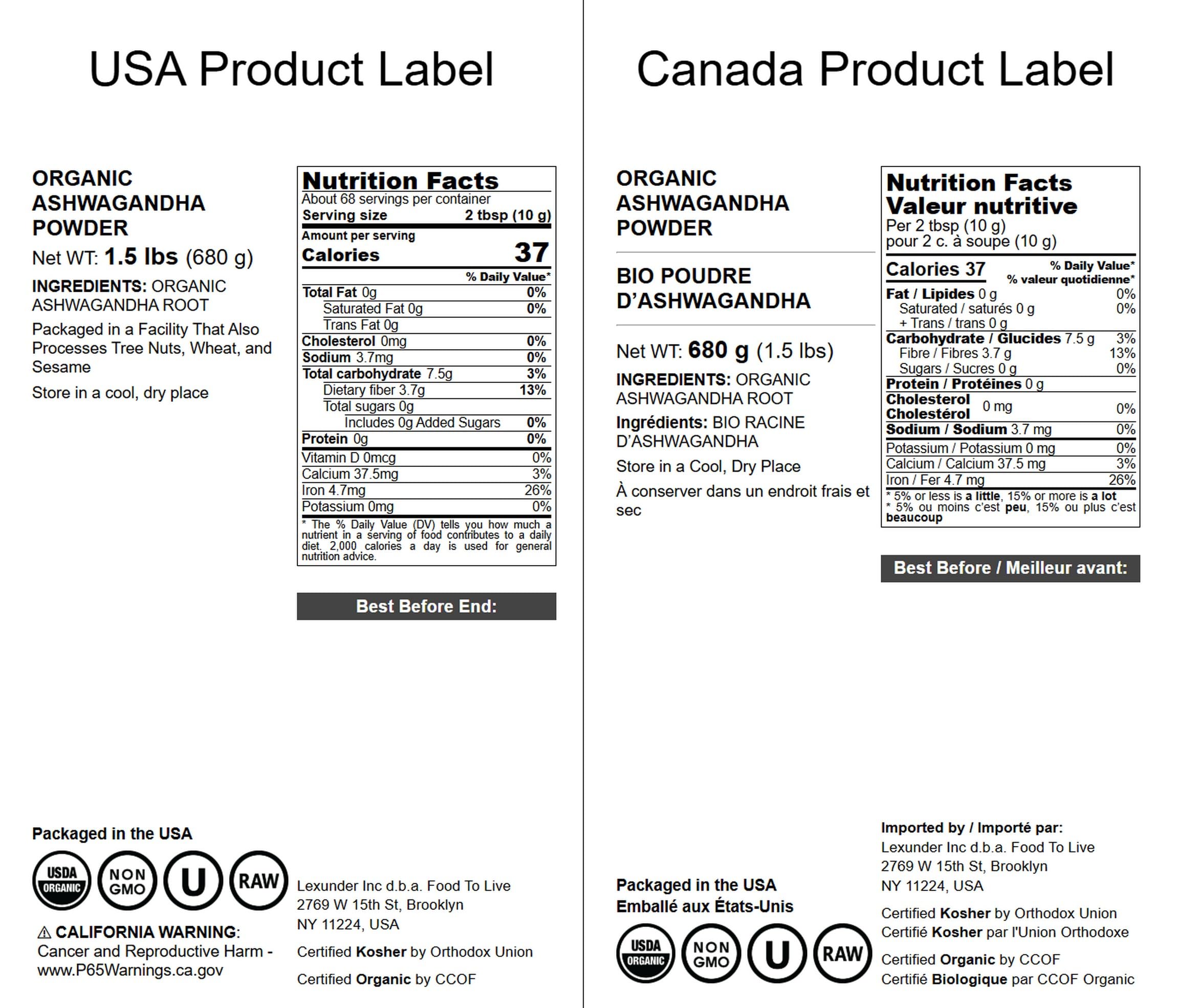Back/side packaging of Food to Live Ashwagandha Root Powder 1.5 lb