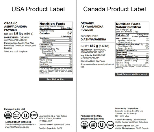 Back/side packaging of Food to Live Ashwagandha Root Powder 1.5 lb