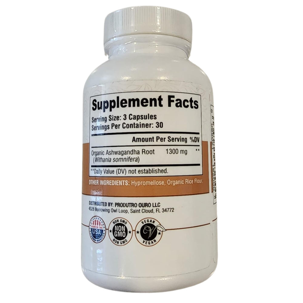 Label showing 1300mg non-GMO Ashwagandha root powder capsules