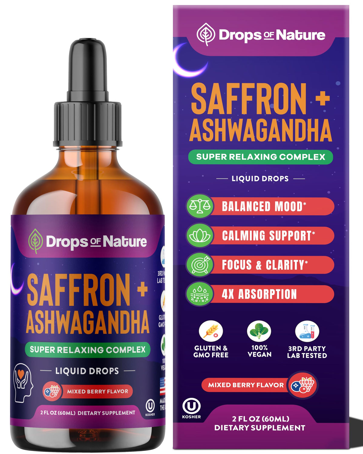 Ashwagandha saffron supplement bottle with mixed berry flavor (60ml)