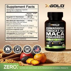 Highlight panel showing 30:1 ashwagandha, 50:1 tongkat ali, 20:1 maca, 10:1 fenugreek extracts