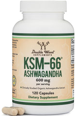 Front label of Double Wood Ashwagandha KSM-66 Organic 600mg supplement with 120 capsules