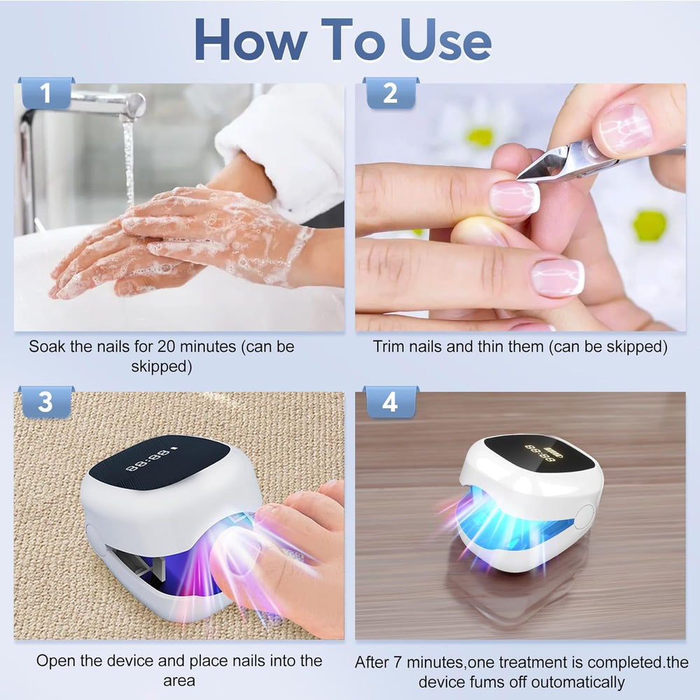ASLAWU hand-held laser device in use on a nail at home.
