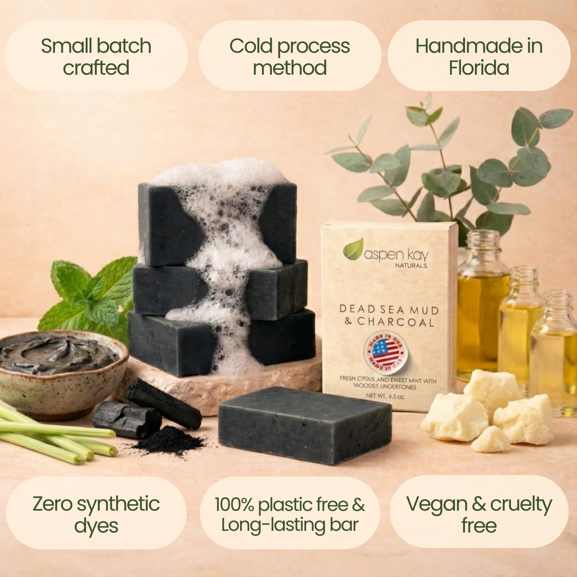 Lathering action of Aspen Kay Naturals soap shown for cleansing the skin.