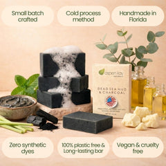 Lathering action of Aspen Kay Naturals soap shown for cleansing the skin.