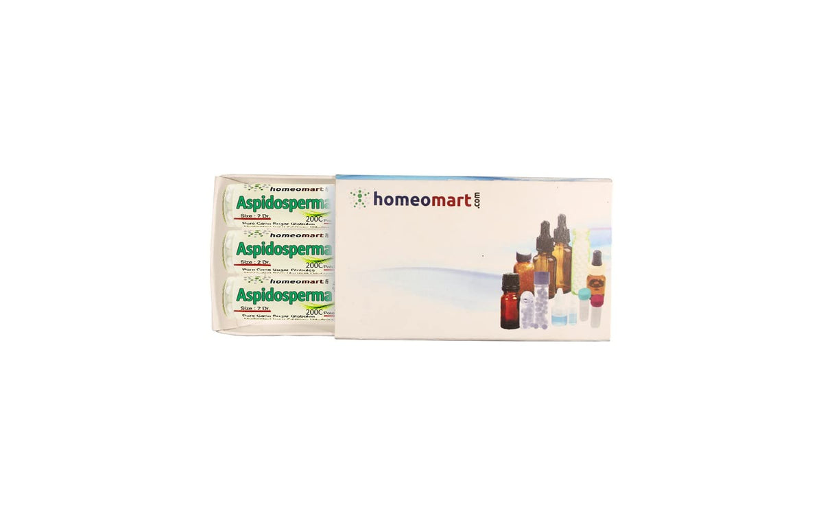 Bottle of Aspidosperma Quebracho homeopathy pellets in a sterile 2-dram glass vial