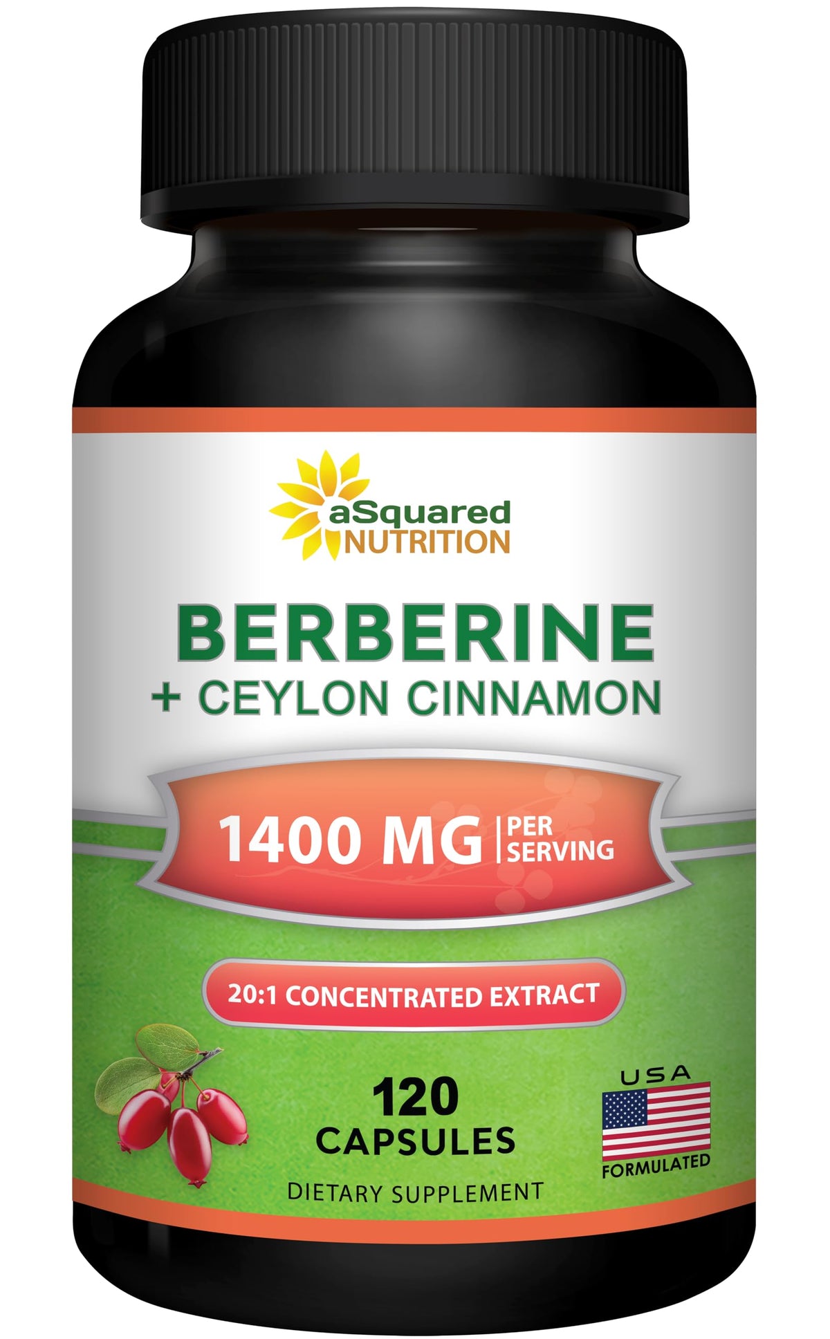 aSquared Nutrition Berberine with Ceylon Cinnamon bottle and capsules