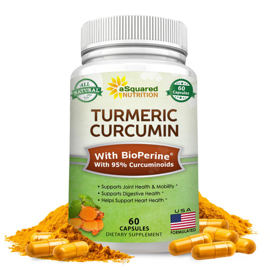 Front label of aSquared Nutrition Turmeric Curcumin 1300mg bottle