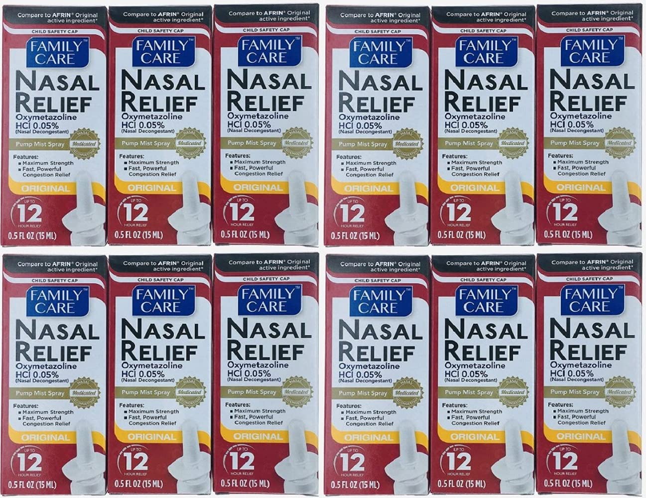 ASSURED Nasal Relief Spray 12-pack box for bulk family care use.