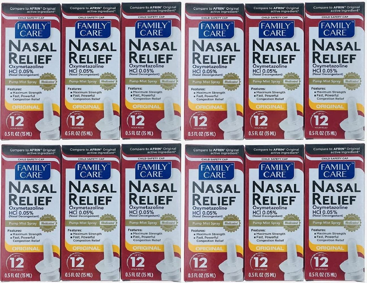 ASSURED Nasal Relief Spray 12-pack box for bulk family care use.