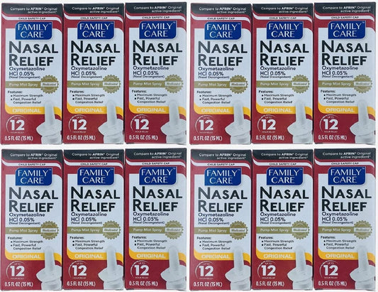 ASSURED Nasal Relief Spray 12-pack box for bulk family care use.