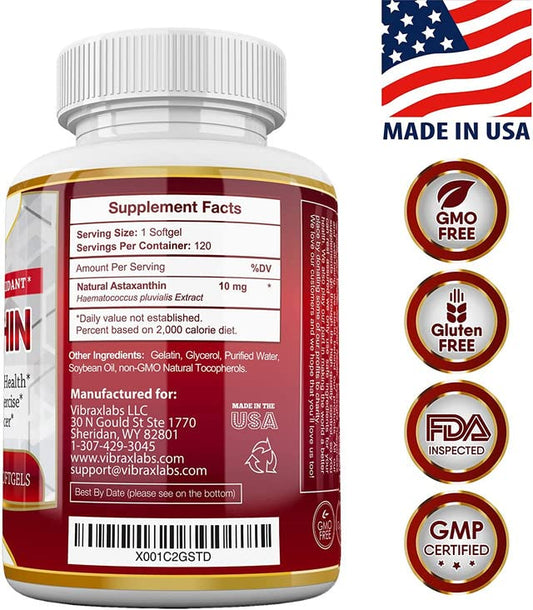 Astaxanthin 10mg supplement bottle display