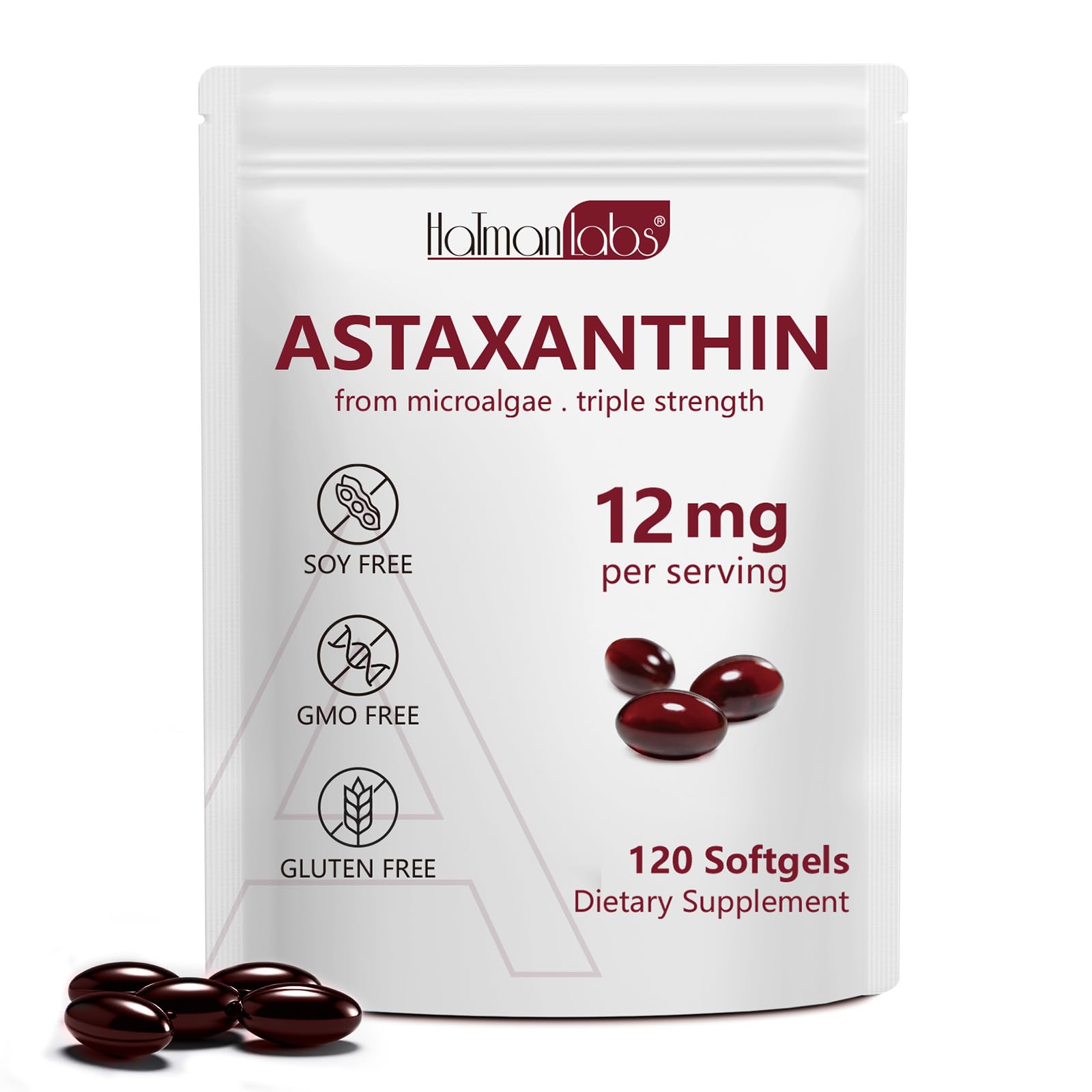 Front view of Astaxanthin 12mg softgels bottle (120-count)