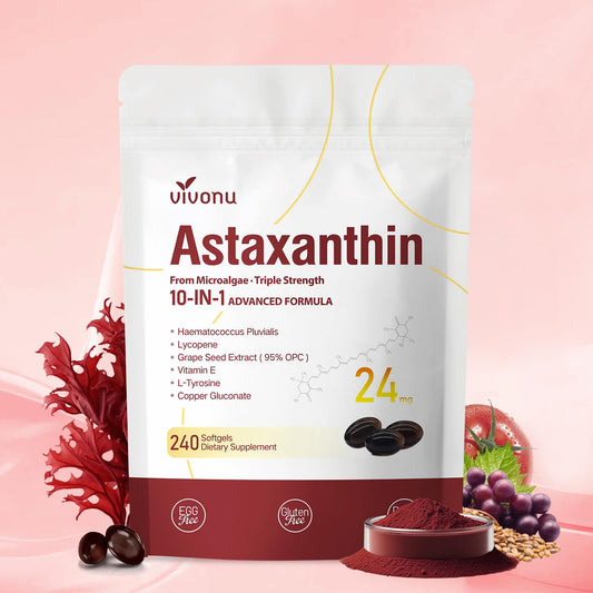 Bottle containing 240 softgel capsules of astaxanthin supplement