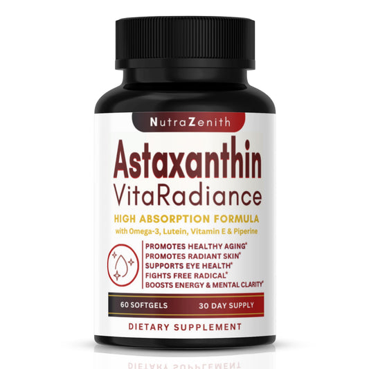 Product hero image showing Astaxanthin supplement with Omega-3, Vitamin E and Lutein in 60 capsules