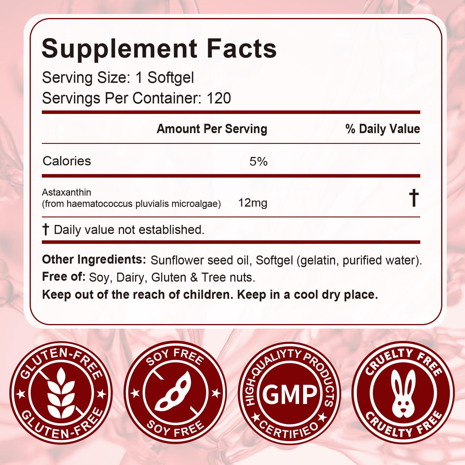 Packaging and label of Astaxanthin 12mg softgels