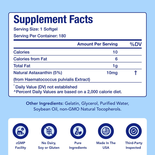 Back view of Astaxanthin supplement bottle showing supplement facts