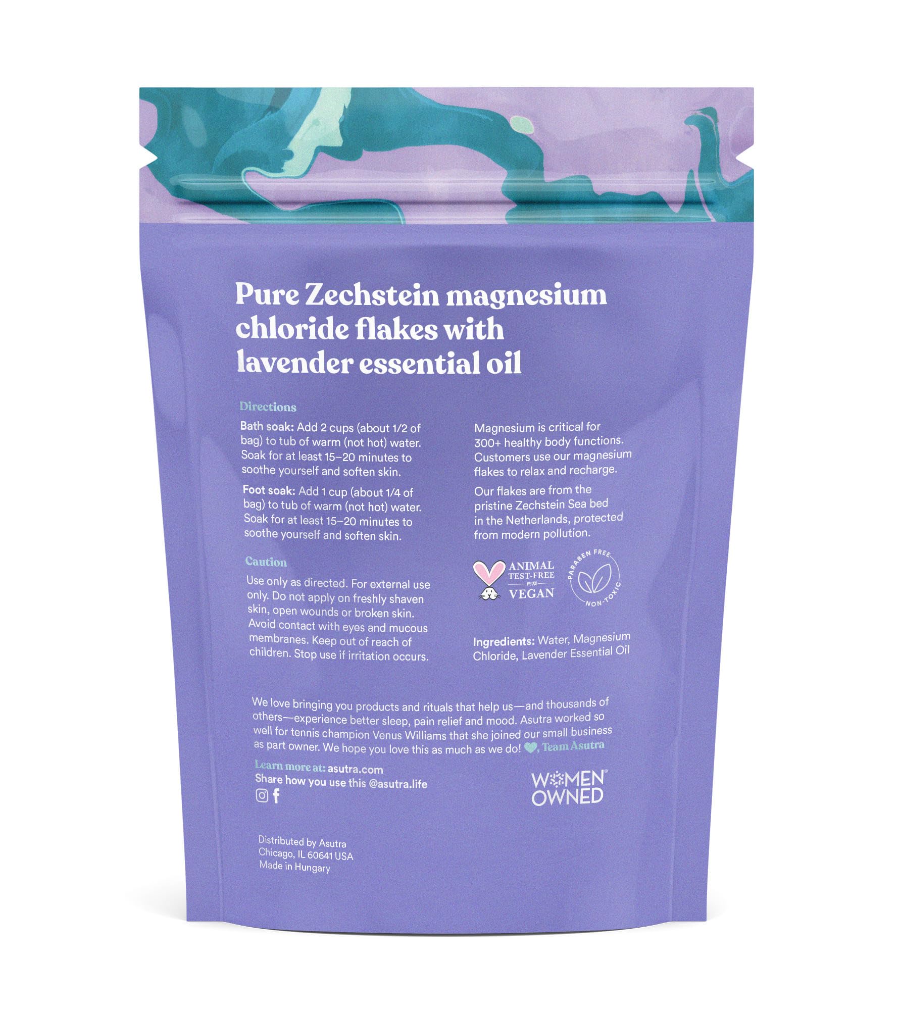 Close-up of lavender-scented magnesium bath flakes