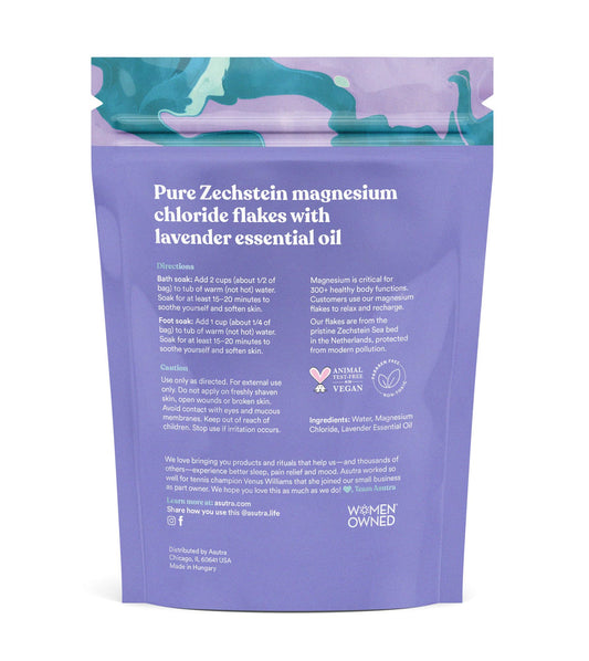 Close-up of lavender-scented magnesium bath flakes