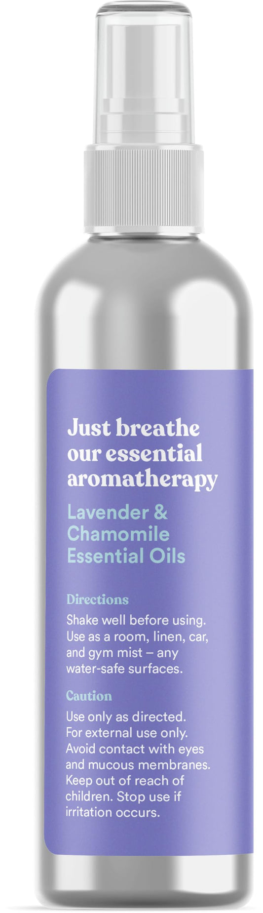 Close-up of lavender and chamomile pillow spray mist on fabric