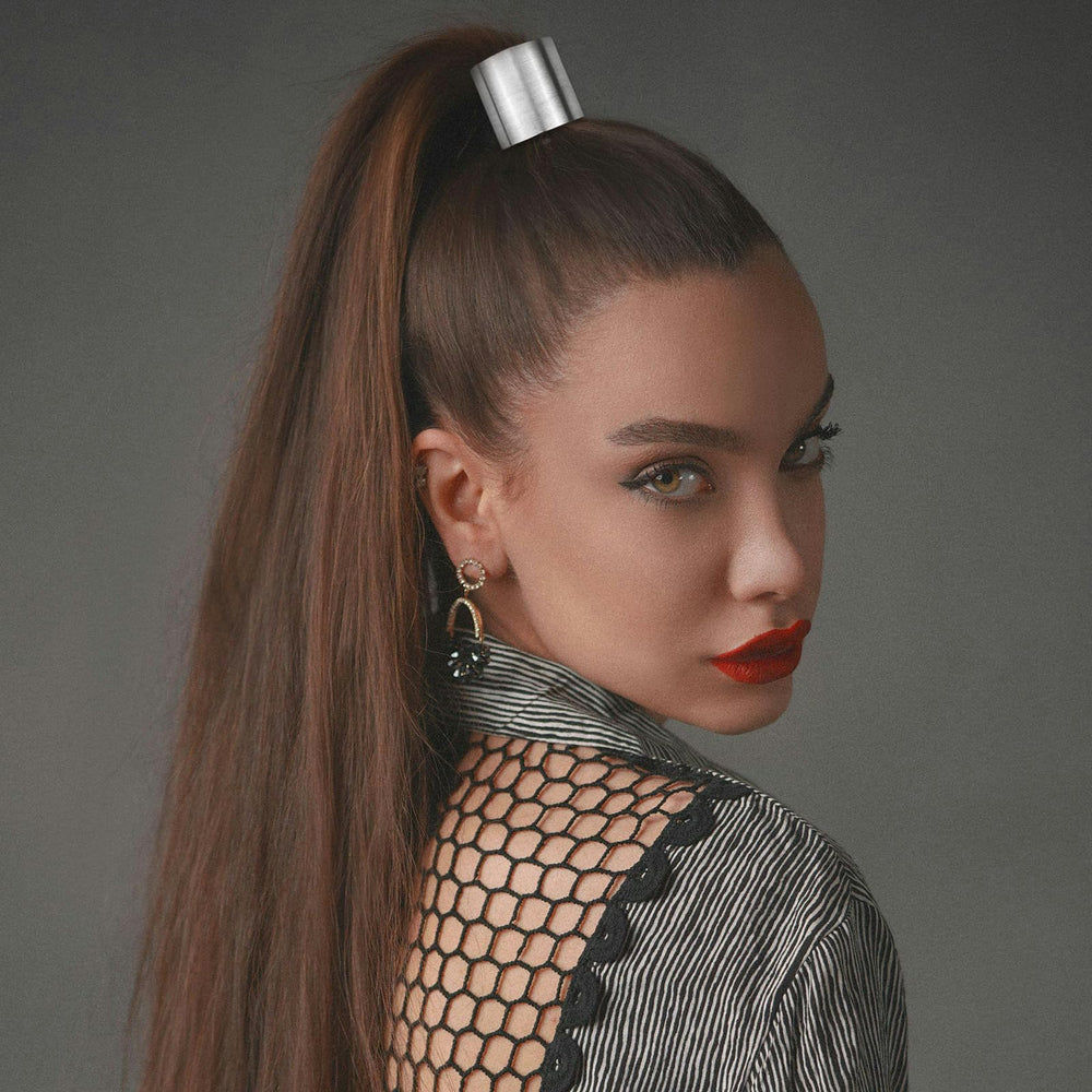 Aswewamt silver ponytail buckle close-up highlights durable metal design.