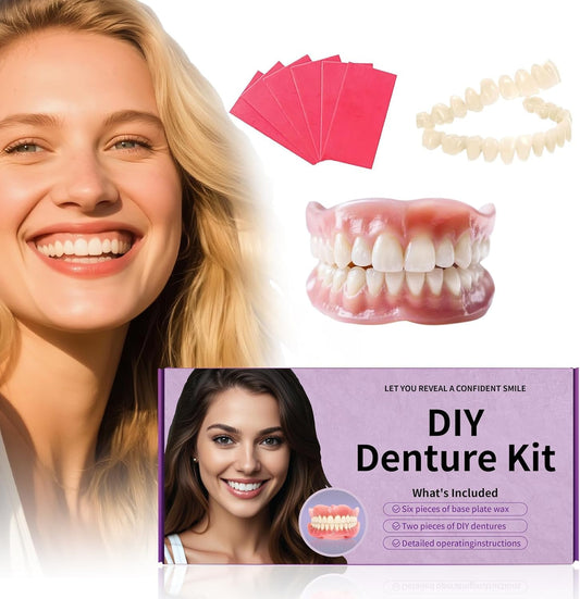 Person assembling upper and lower dentures with at-home kit
