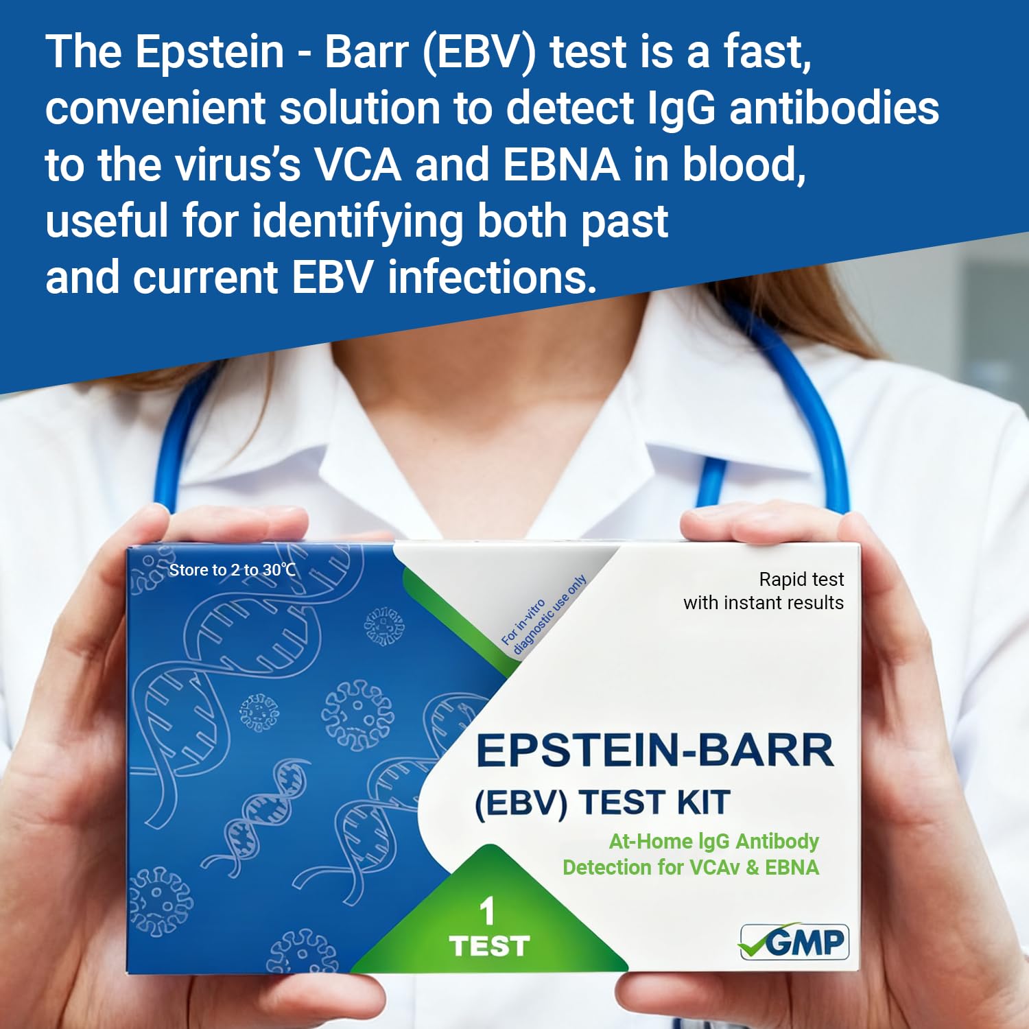 EBV test kit components: lancet, cassette, buffer, and instructions