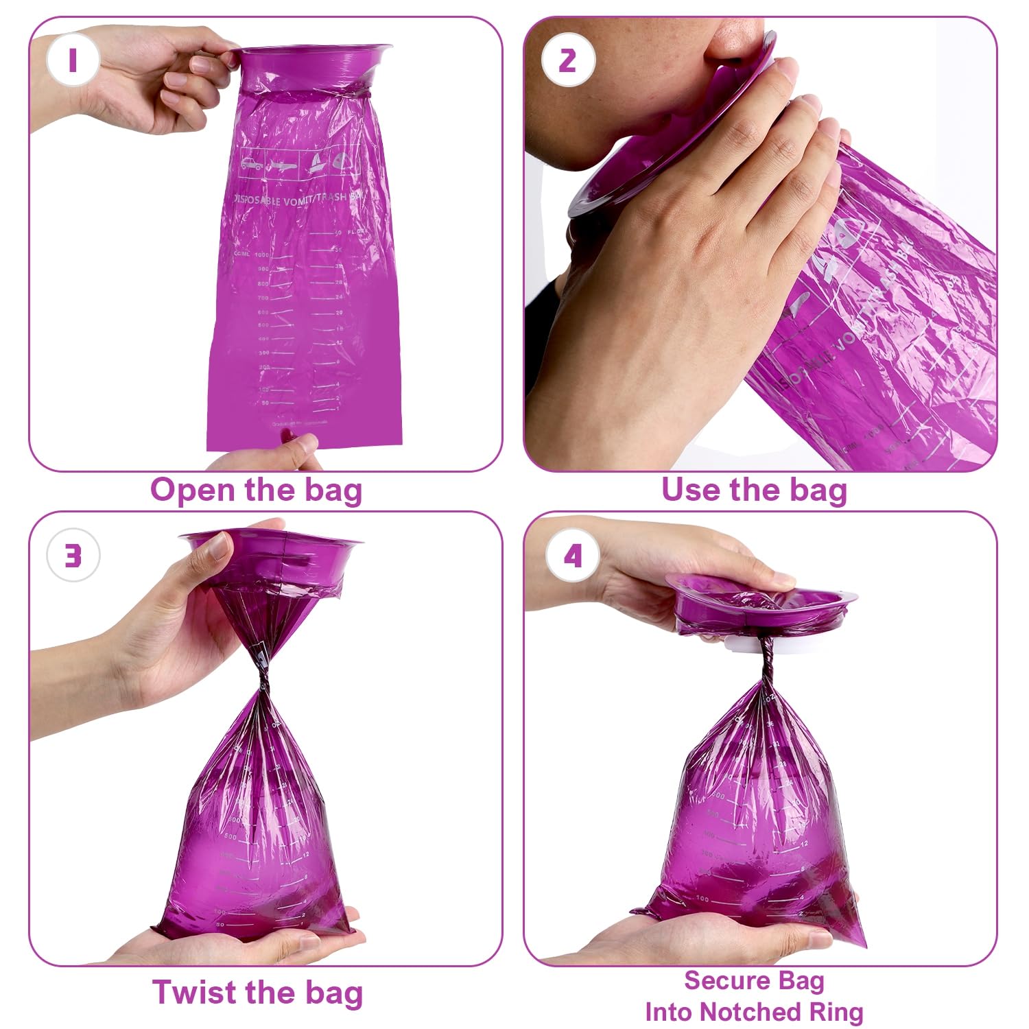 ATDAWN emesis bag opening view shows wide mouth for easy use and mess-free disposal.