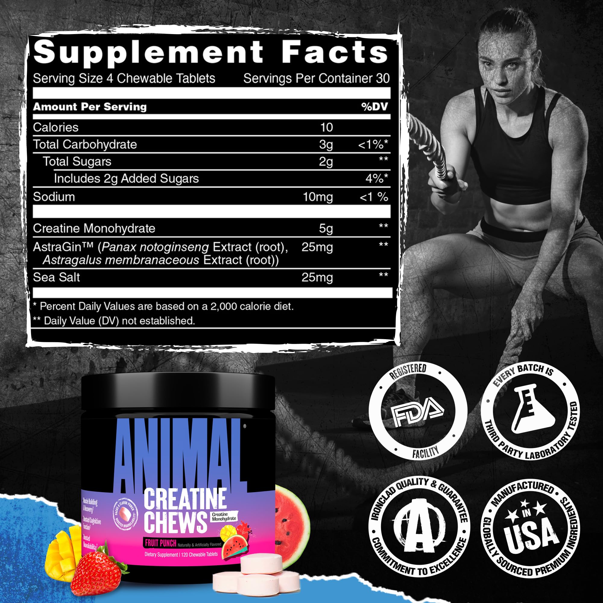 Athlete chewing Animal Creatine Chews during training