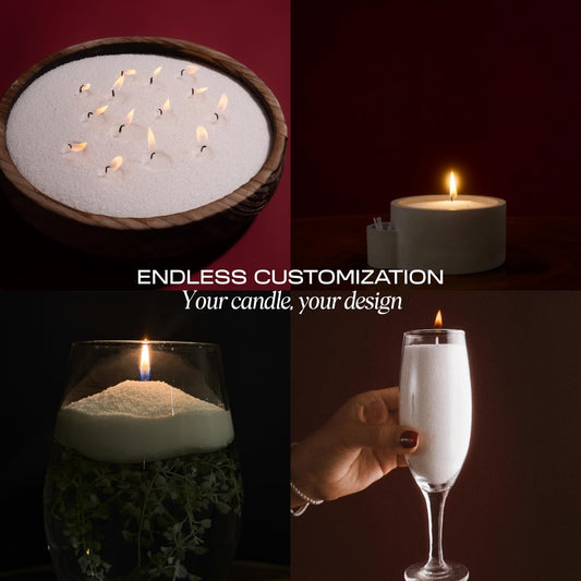Close-up of pearled sand candle with wick design