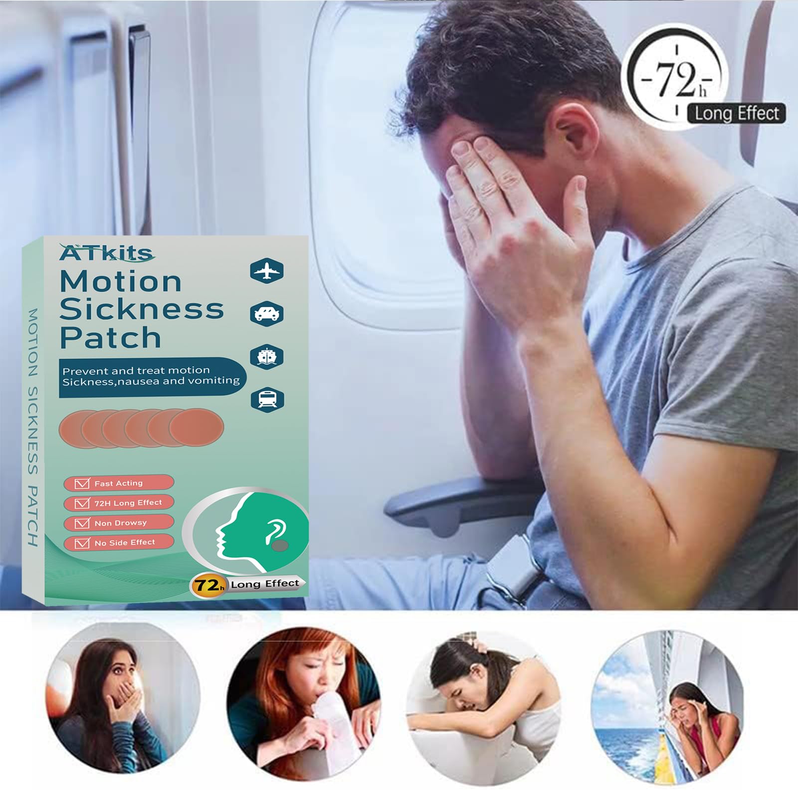 ATkits motion sickness patch on the navel provides alternative comfort during travel