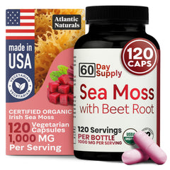 Front view of Atlantic Naturals Sea Moss with Beet Root Capsules bottle, 120 count