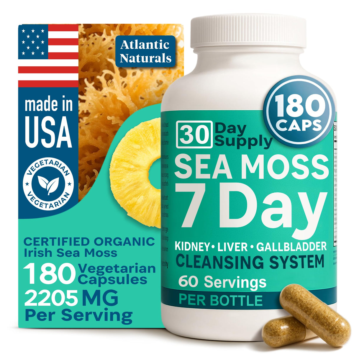 Atlantic Naturals Sea Moss Capsules bottle on white background