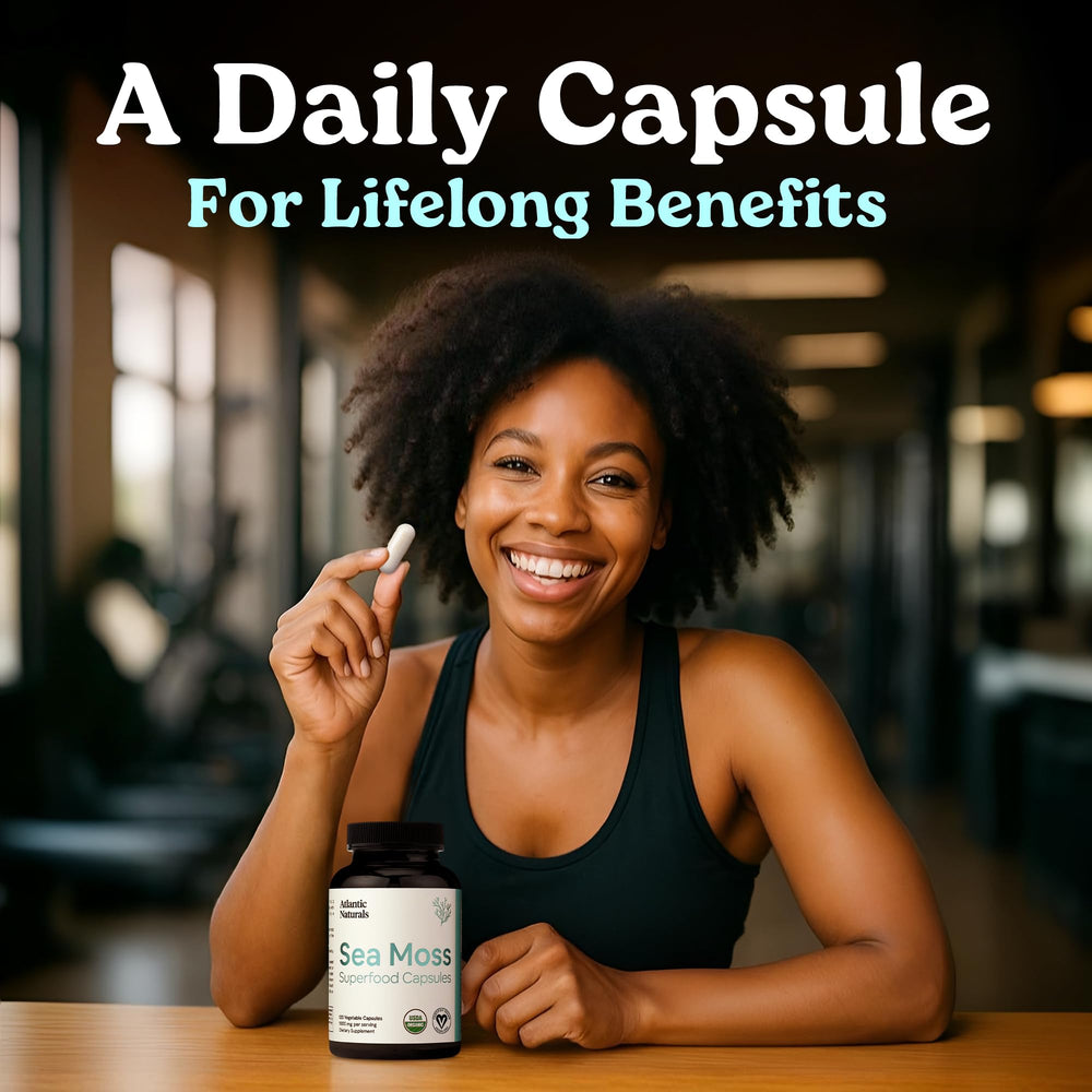 Atlantic Naturals sea moss capsules bottle on wooden surface