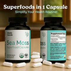 Energy and wellness concept associated with sea moss capsules