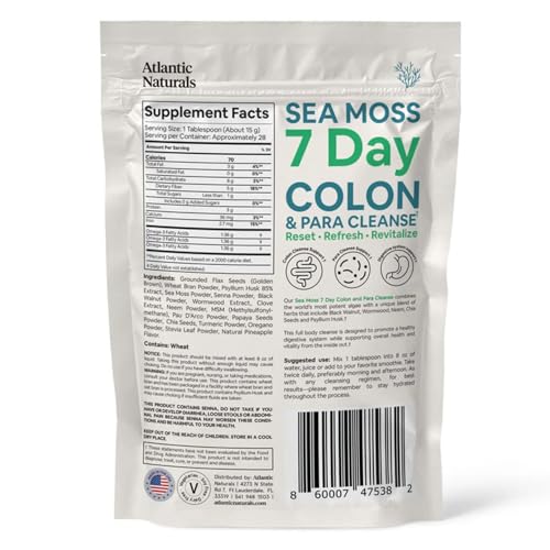 Product packaging showing the 7-day digestive program for Pineapple flavor Sea Moss drink mix, 14oz