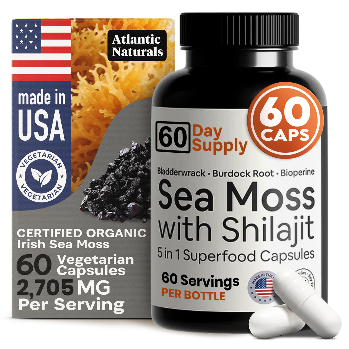 Atlantic Naturals Sea Moss + Shilajit Capsules bottle – front view