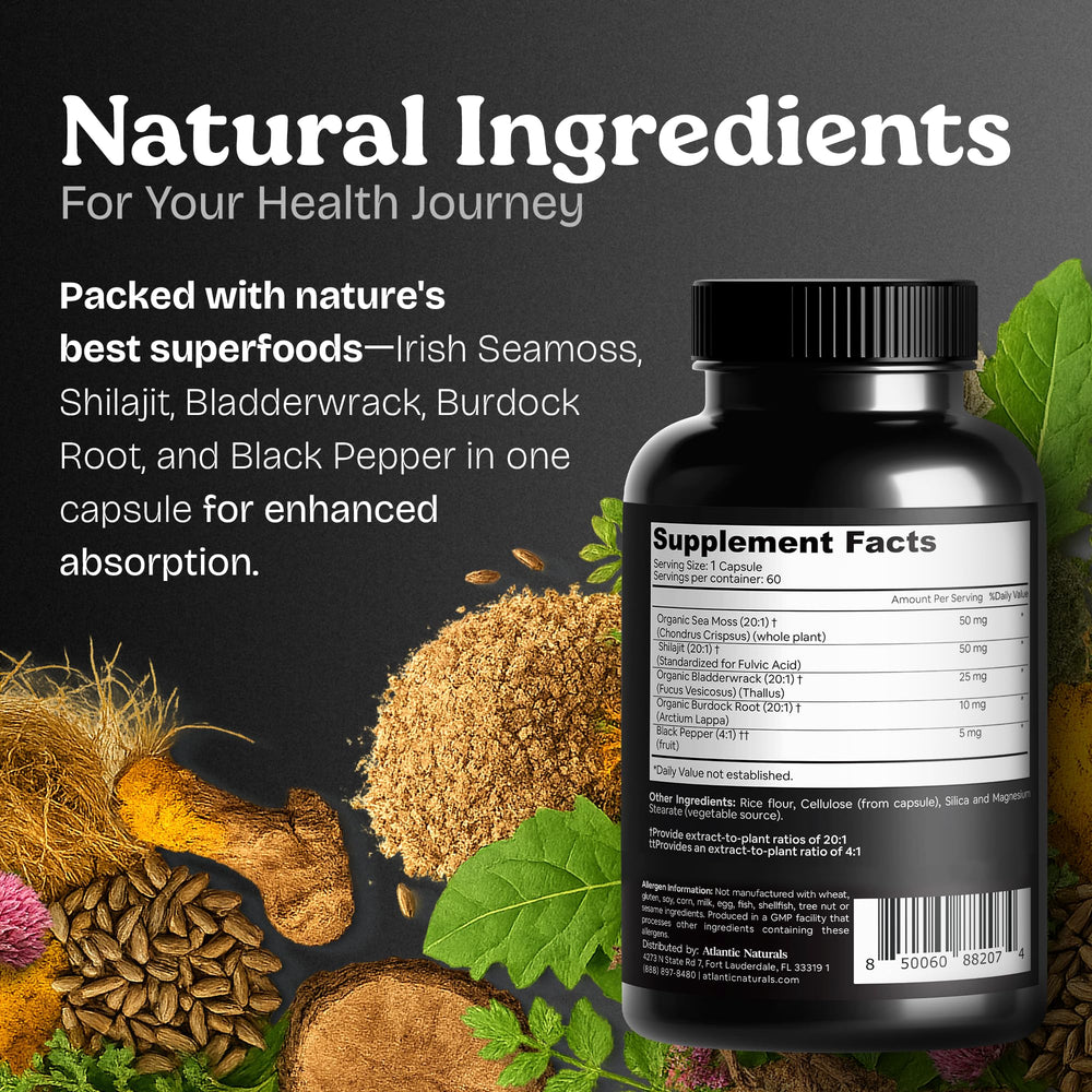 Close-up of sea moss and shilajit capsules