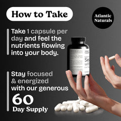 Sea moss, bladderwrack, and burdock root imagery beside capsules